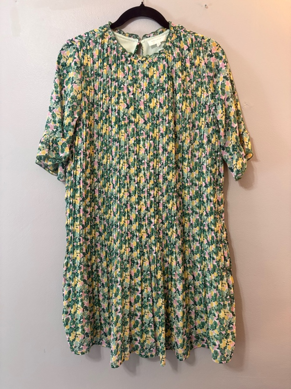 MELLODAY Mint Floral Pleated Mini Dress with Pink & Yellow Blooms